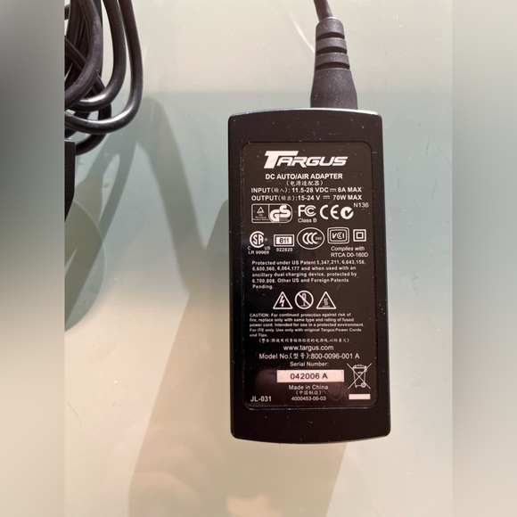 Targus DC Auto Air Adaptor Model 800-0096-001 A | Input 11.5-28 VDC 8A Max - Picture 3 of 7